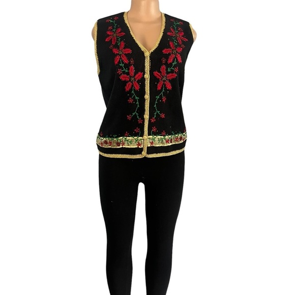 3/$30 🍂 Designer Original Studio Joy Vintage Christmas Poinsettia Vest - Picture 2 of 8